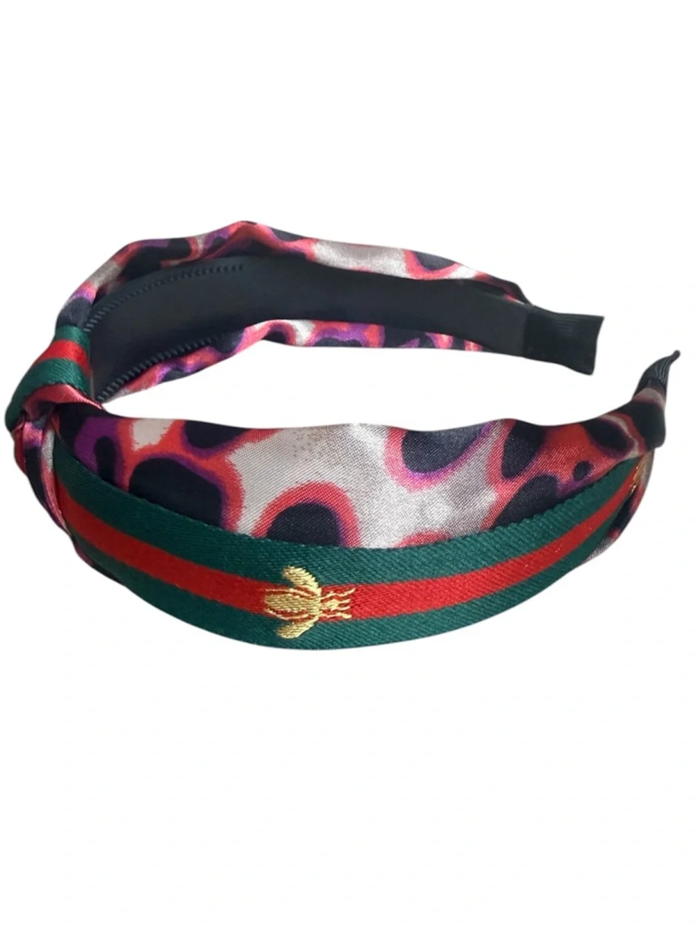 Striped Green and Red Knotted Headband with Floral Accent